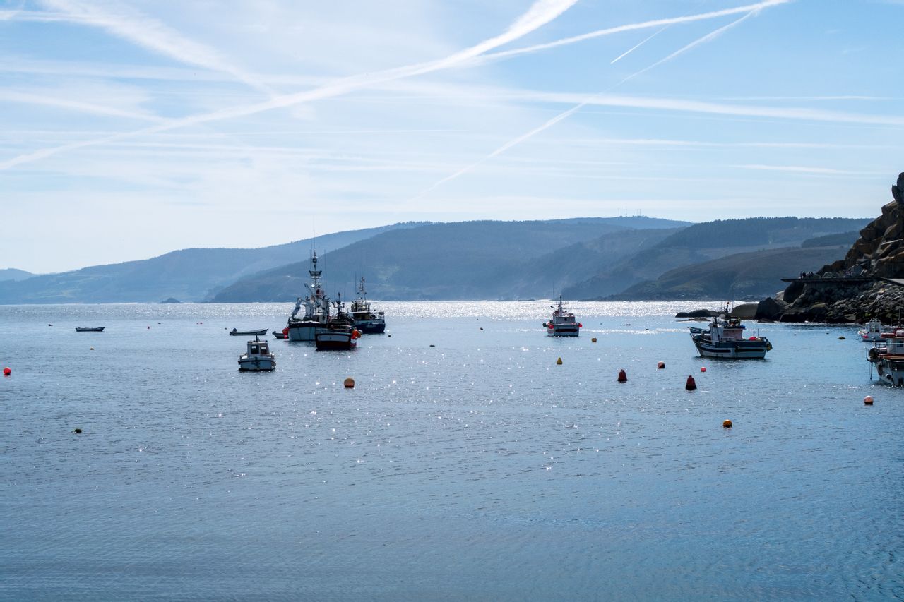 A tranquil scene of fishing boats anchored in a calm bay with hills and clouds in the distance.